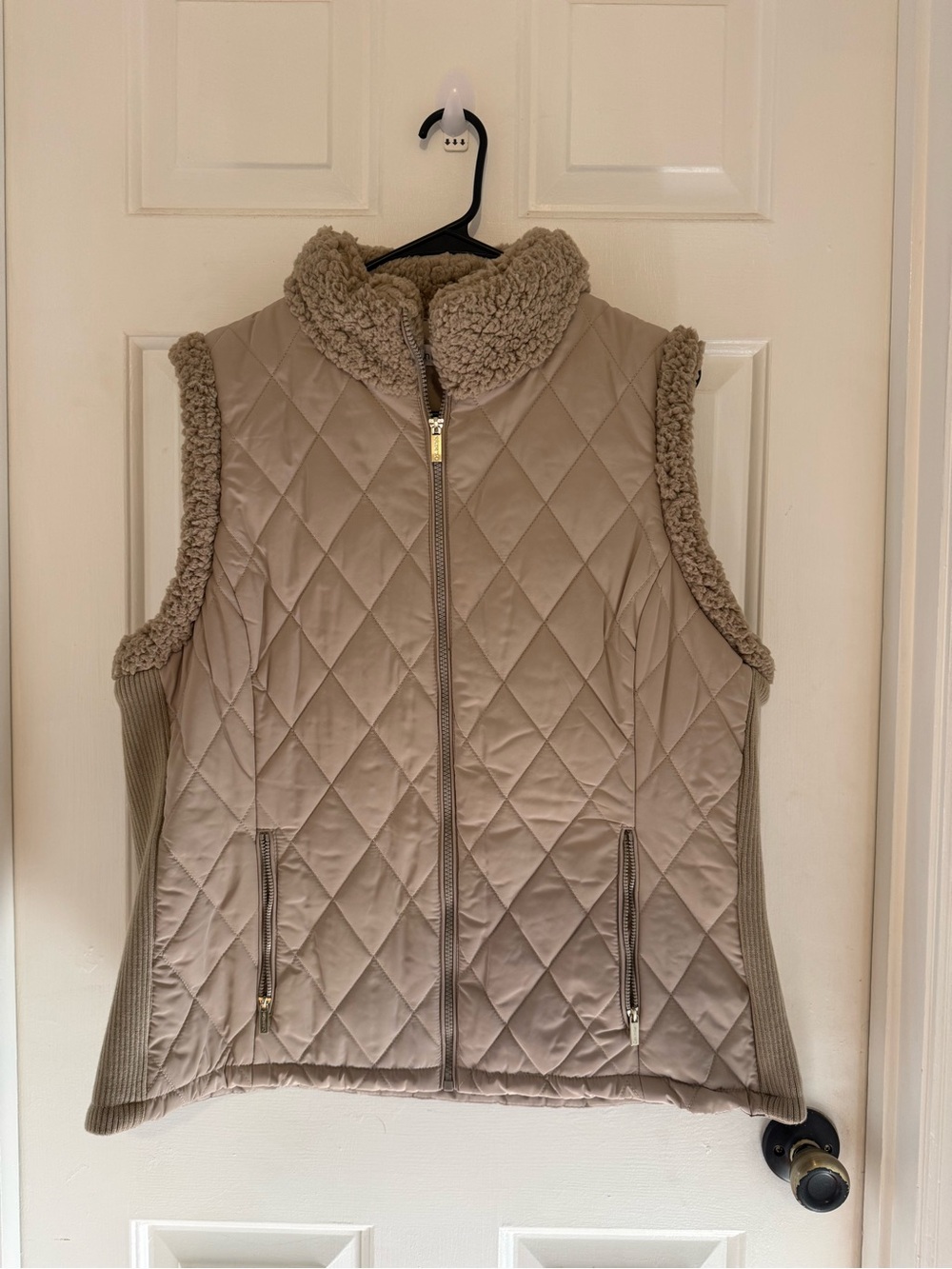 Calvin Klein Quilted Sherpa-Trim Vest in Taupe
